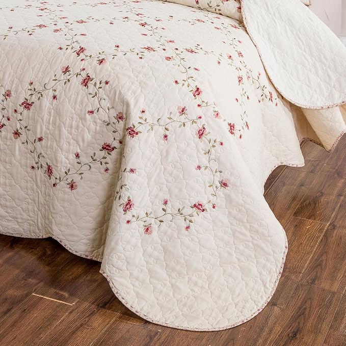 Quilt Set Classical 3D Floral Embroidery Pattern 3-Piece Cotton Reversible - Image 5