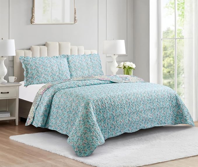 Brilliant Sunshine Lilac Rose Toile Quilt Set, 3-Piece Bedding Sets, - Image 2
