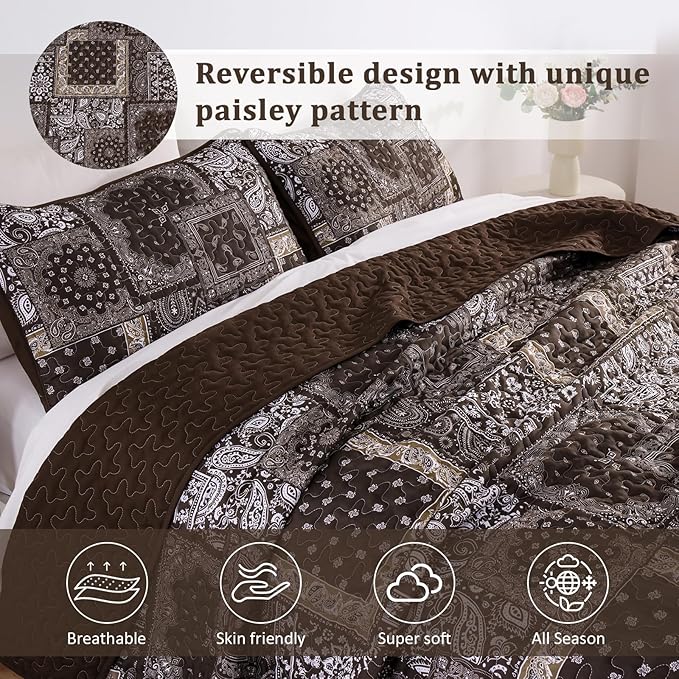 Cottolester Brown Patchwork Quilt Set King Size, 3 Pieces Boho Paisley Quilt Set - Image 3