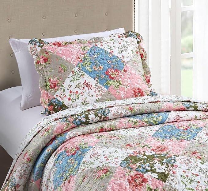 Brilliant Sunshine Peach and Olive Flowers Patchwork, 2-Piece Quilt Set - Image 3