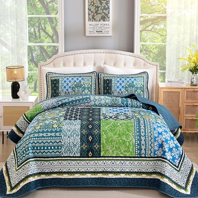 WONGS BEDDING Boho Quilt Queen, 3 Pieces Teal Patchwork Quilt Soft Coverlet by WONGSBEDDING