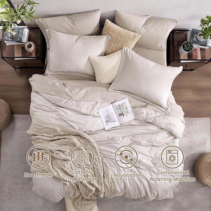 Monbix Full Size Comforter Set, Oatmeal Bedding Comforter - Image 2
