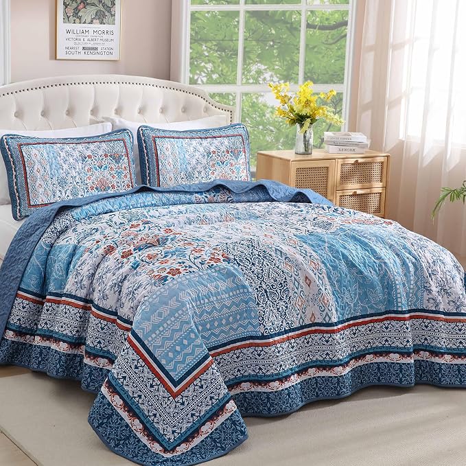 WONGS BEDDING Blue Quilt Set Queen Size, Bohemian Patchwork Bedspread Coverlet - Image 2