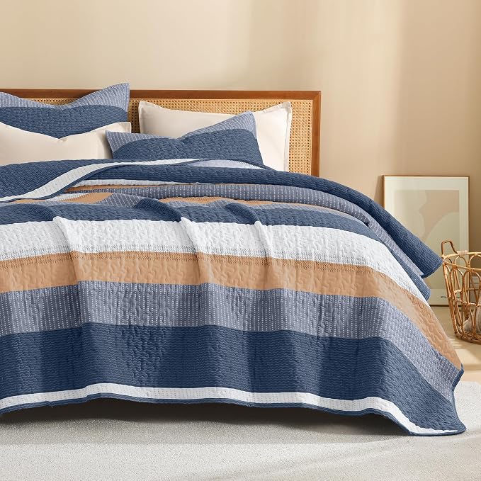 Litanika Quilt King Size BlueO, Stripe Patchwork Summer Bedspread Coverlet 3 - Image 8