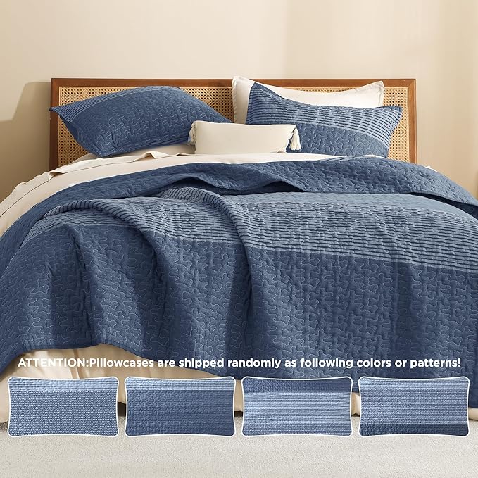 Litanika Oversized Queen Quilt Set Sapphire Blue, 98x98 Stripe Bedspread - Image 5