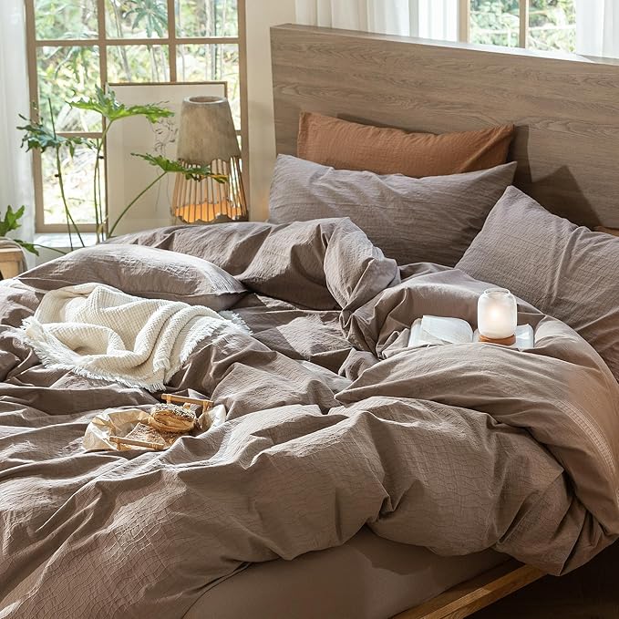MooMee Wavy Striped Duvet Cover Set 100% Washed Cotton Linen Like Textured - Image 5