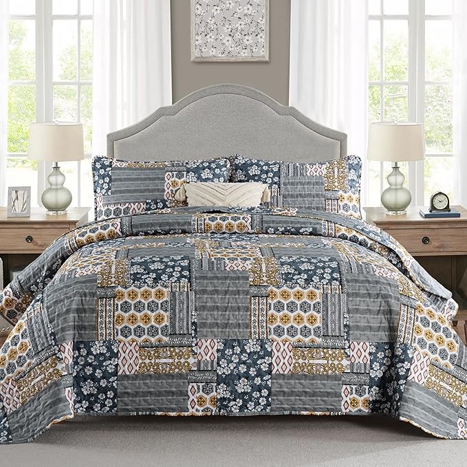 Mybedsoul Dark Grey Quilt Set King Size, 3 Pieces Plaid Floral Bedspread Set by Mybedsoul