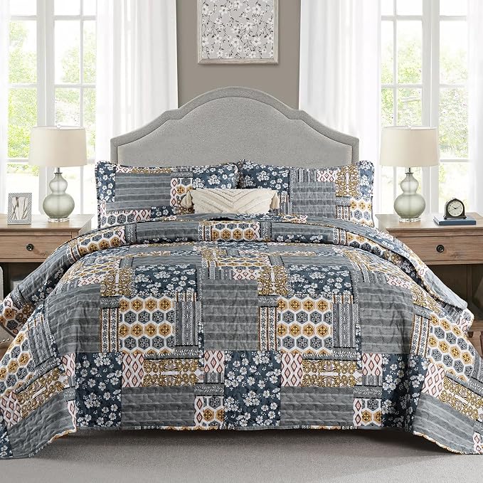 Mybedsoul Dark Grey Quilt Set Queen Size, 3 Pieces Plaid Floral Bedspread Set by Mybedsoul