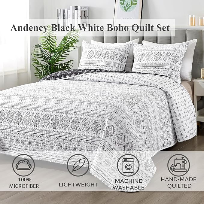 Andency Black White California King Quilt Set, 3 Pieces Boho Lightweight Soft - Image 2