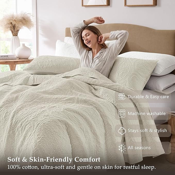 palassio Beige Paisley 100% Cotton Quilt King Size Bedding Sets - Image 5