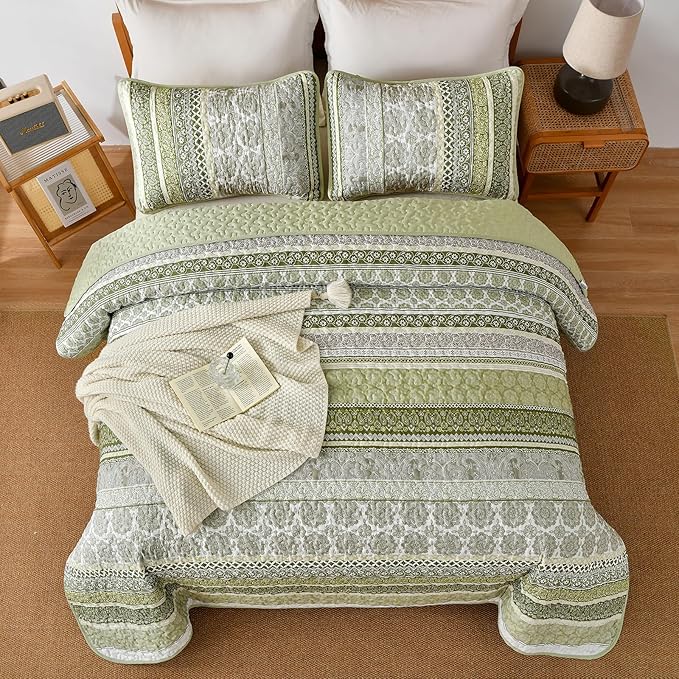WONGS BEDDING Boho Quilt Set King Size, Sage Green Bohemian 3 Pieces Quilt Sets - Image 3