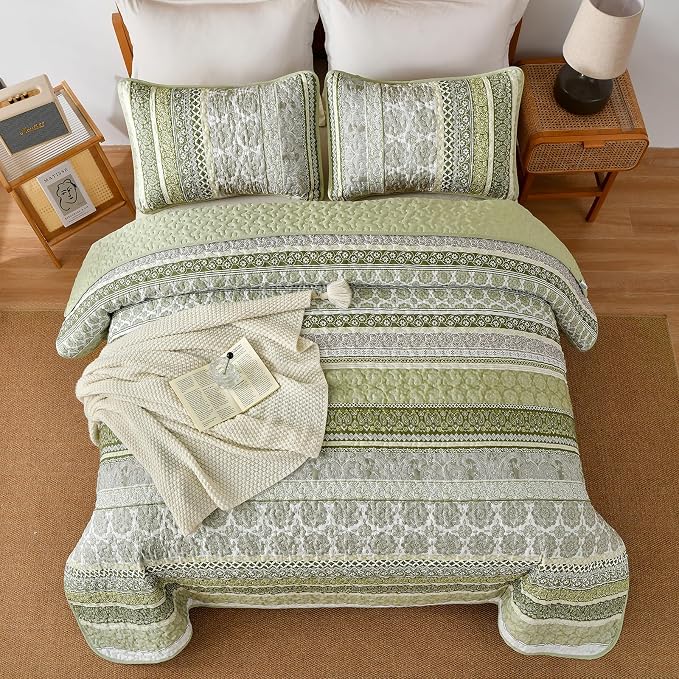 WONGS BEDDING Boho Quilt Set Queen Size, Sage Green Bohemian 3 Pieces Quilt Sets - Image 3