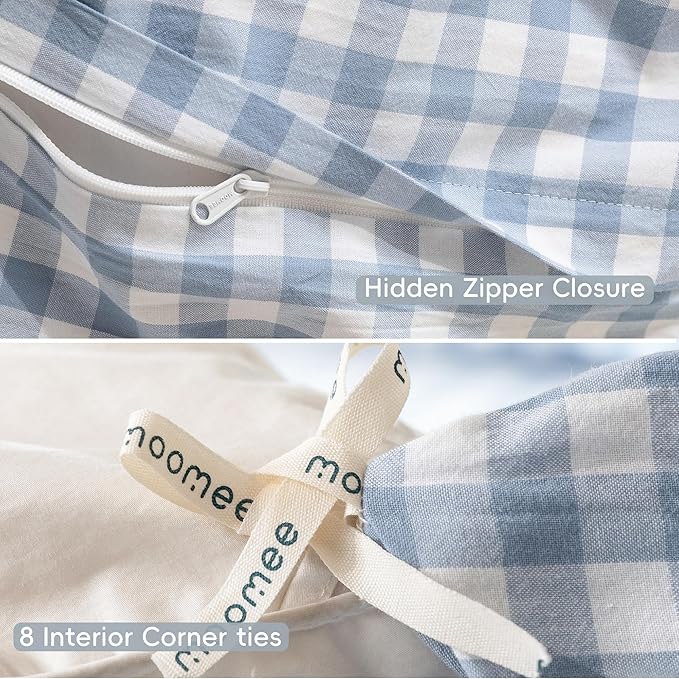 MooMee Gingham Duvet Cover Set 100% Washed Cotton Linen Like Textured - Image 6