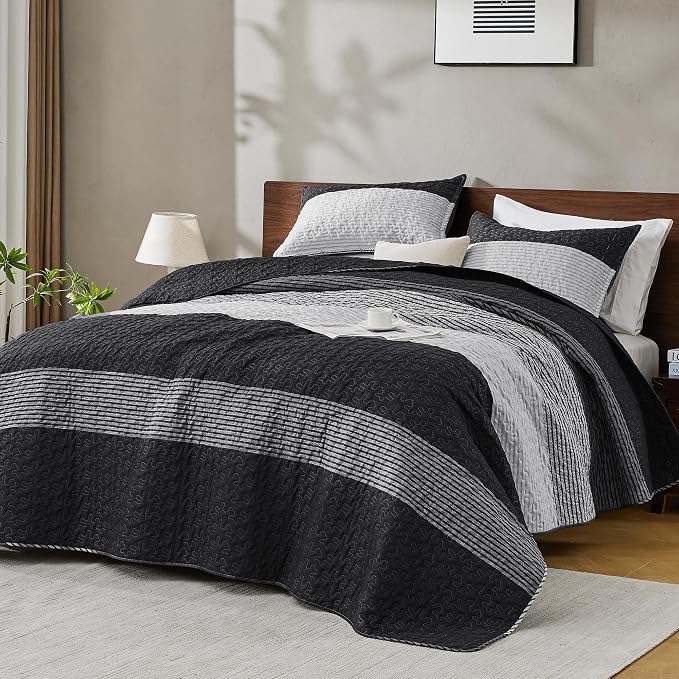 Andency Oversized King Quilt Set Black White, 128x120 Stripe Bedspread Coverlet - Image 8