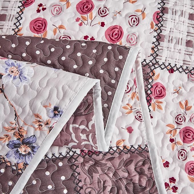 Patchwork Quilt Set Full/Queen Size, 3 Pieces Brown Floral Plaid Summer - Image 5