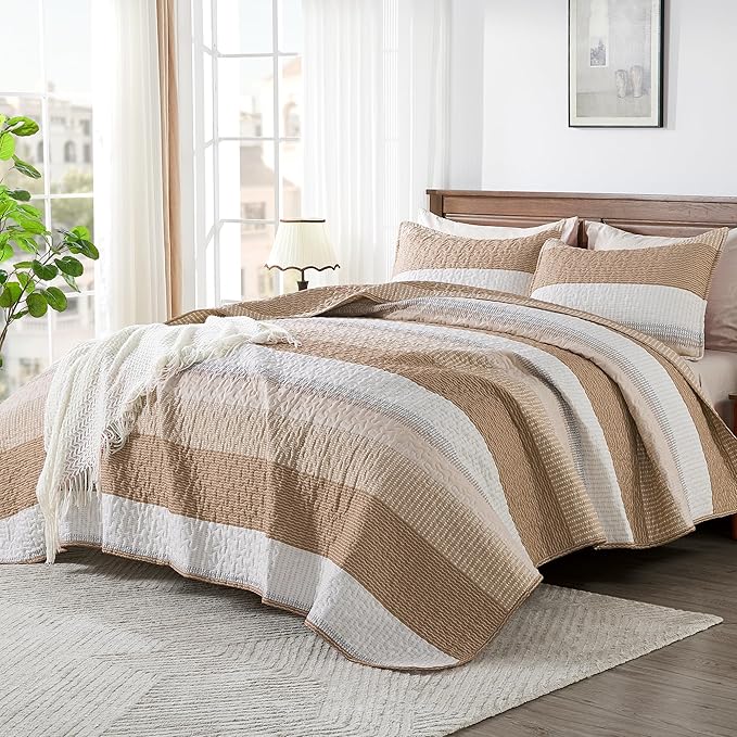Andency Taupe Striped Quilt Set Cal King, 3 Pieces Patchwork Bedspread Coverlet - Image 6