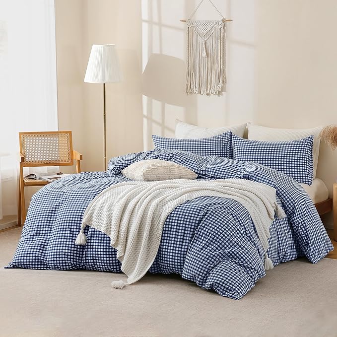TOCOMOA Navy Blue Gingham Duvet Cover Bedding Set 100% Washed Cotton Like Linen - Image 2