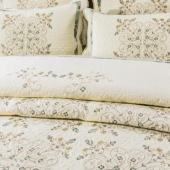 ROOMLIFE Quilt Set King Size 3D Floral Embroidery Pattern 3-Piece Cotton - Image 8