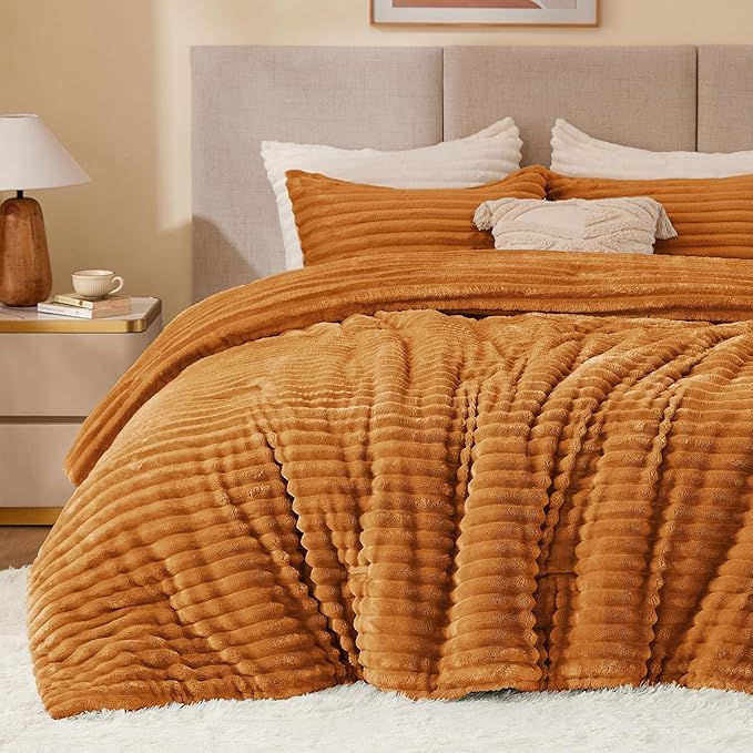 BEDELITE Fleece King Comforter Set -Super Soft & Warm Fluffy Rust Orange Bedding by BEDELITE