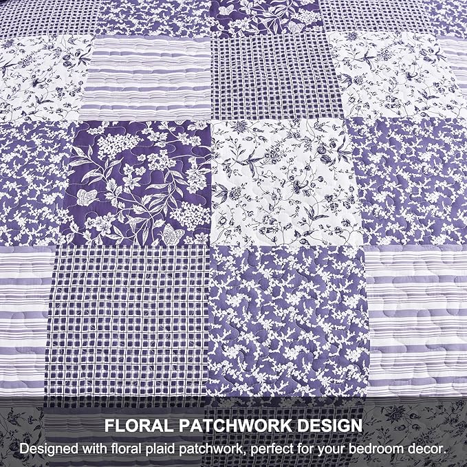 Mybedsoul Purple Quilt Set California King Size, 3 Pieces Boho Plaid Floral - Image 7