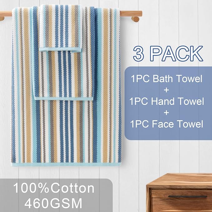 Striped Towels Set, 1 Bath 28"x52", 1 Hand 16"x27", 1 Face 13"x13", Luxury Bath - Image 3