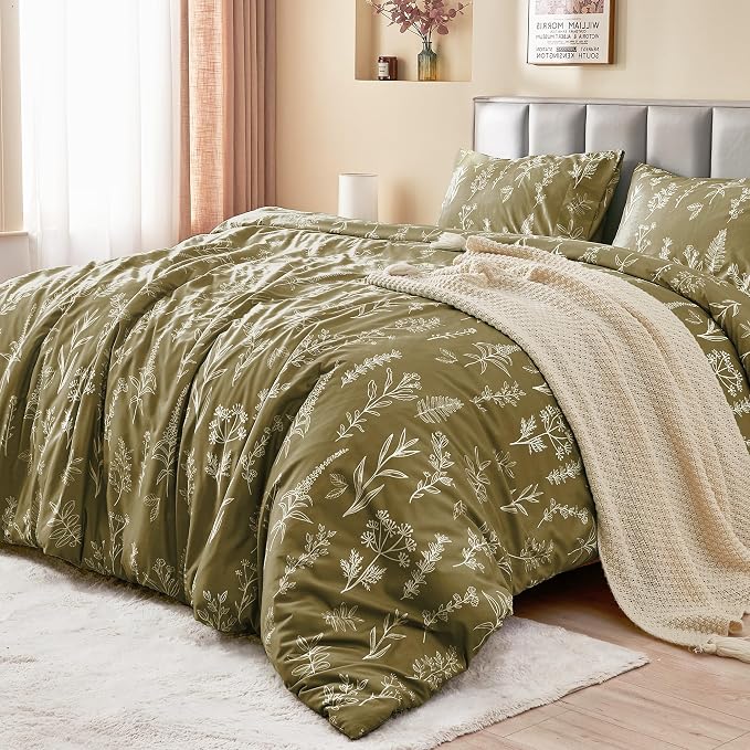 MUXHOMO Duvet Cover Queen Size, Reversible Floral Olive Green Duvet Cover Set - Image 3
