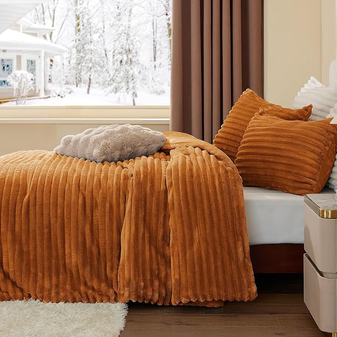 BEDELITE Fleece King Comforter Set -Super Soft & Warm Fluffy Rust Orange Bedding - Image 4