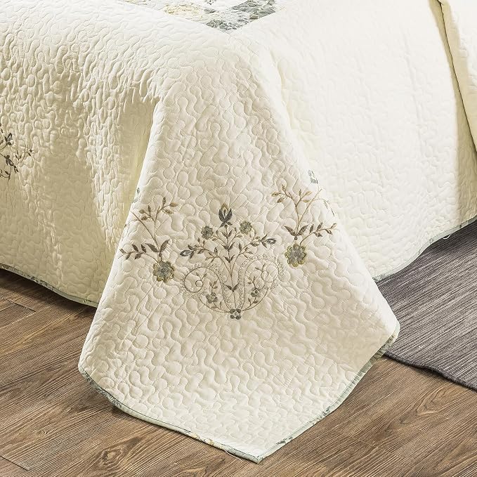 ROOMLIFE Quilt Set King Size 3D Floral Embroidery Pattern 3-Piece Cotton - Image 6