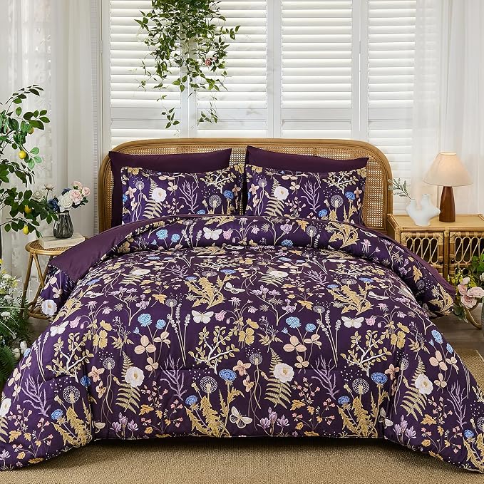 Yiran Purple Floral Comforter Set King Size, 7 Piece Botanical Comforter - Image 9