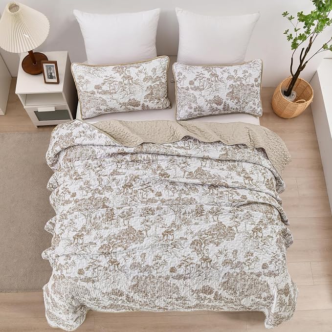 WONGS BEDDING Botanical Quilt Set Full Size, 3 Pieces Khaki Toile Floral Plants - Image 3