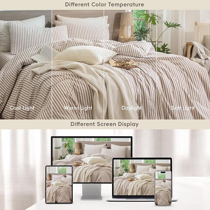 MooMee Striped Duvet Cover Set 100% Washed Cotton Linen Like Textured - Image 9