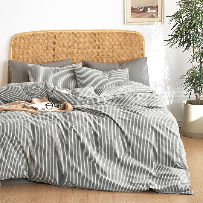 Wake In Cloud - Striped Cotton Duvet Cover Set, 100% Washed Cotton Textured - Image 4