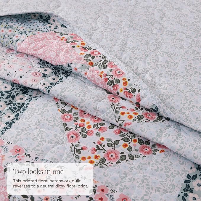 BLOOMHAVEN Quilt Set Queen Size, Patchwork Pink Floral Quilt Sets, Reversible - Image 3