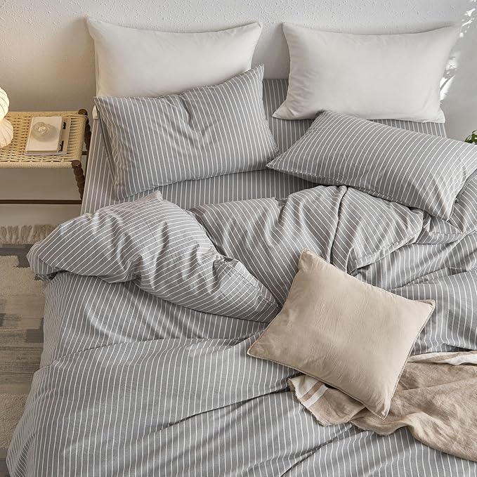 MooMee Striped Duvet Cover Set 100% Washed Cotton Linen Like Textured - Image 4