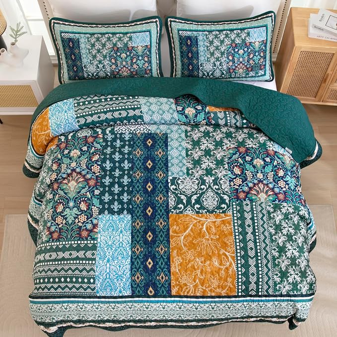 WONGS BEDDING Green Quilt Set Queen Size, 3 Pieces Boho Patchwork Quilt - Image 4