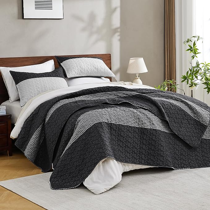 Andency Black Quilt Twin, 2 Pieces Black and White Patchwork Striped Bedspread - Image 2