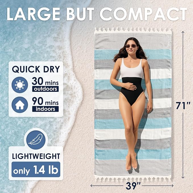 ATANI Turkish Beach Towel, Converts to a Bag, Oversized 100% Cotton Bath Towels - Image 3