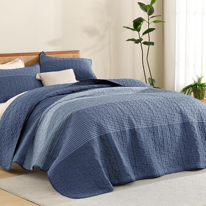 Litanika Oversized King Quilt Set Sapphire Blue, 120x120 Stripe Bedspread by Litanika