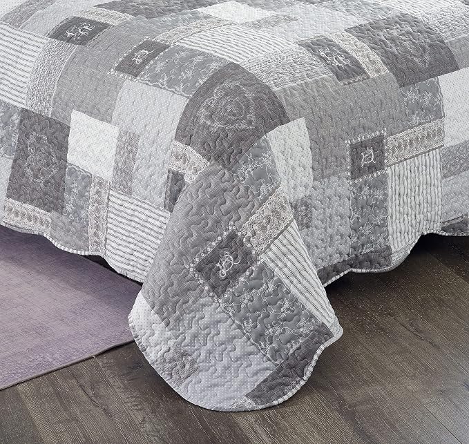 Brilliant Sunshine Grey Heart Love, Floral and Lace Patchwork, 3-Piece Quilt Set - Image 5