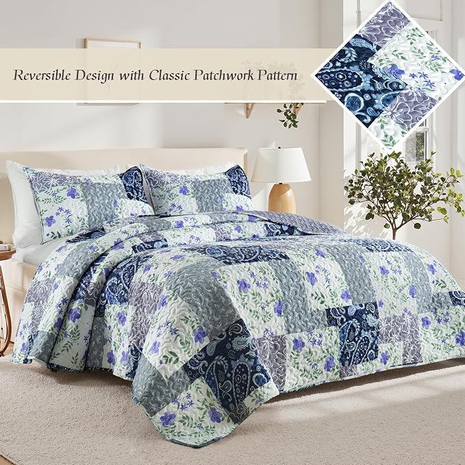 Whale Flotilla Patchwork Quilt King Size, Soft Boho Floral Bedspreads - Image 2