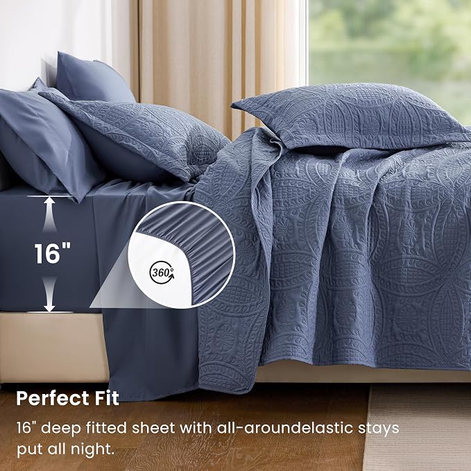 Love's cabin Queen Quilt Set Bluish Grey, Bed in a Bag Queen Bedding 7 Pcs - Image 4