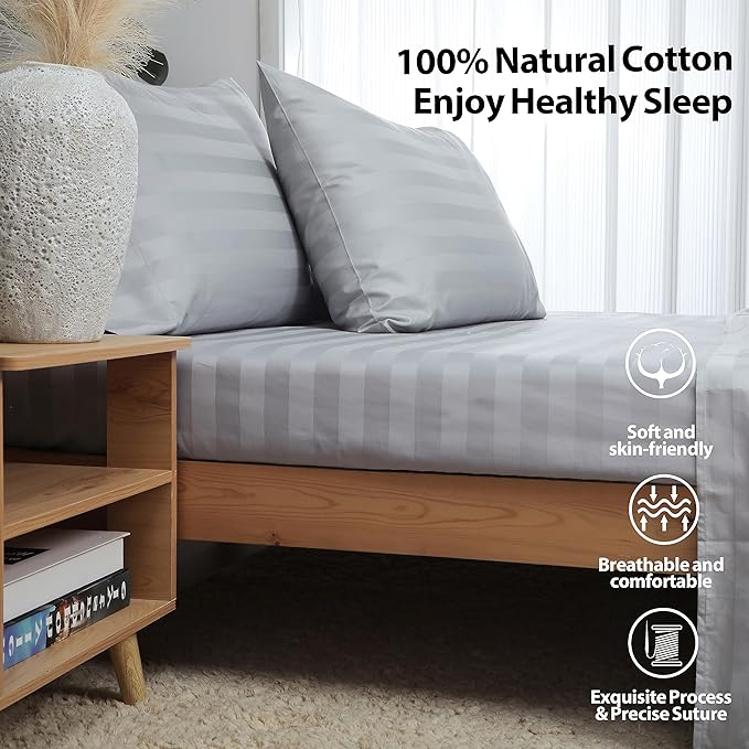 Queen Size Striped Fitted Sheet Only Gray Color, 100% Egyptian Cotton 600 - Image 3