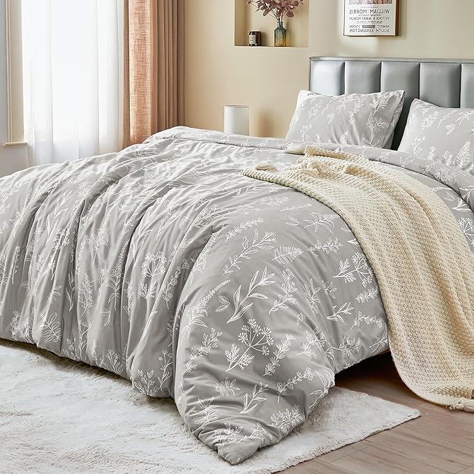 MUXHOMO Duvet Cover King Size, Reversible Floral Silver Gray Duvet Cover Set - Image 3