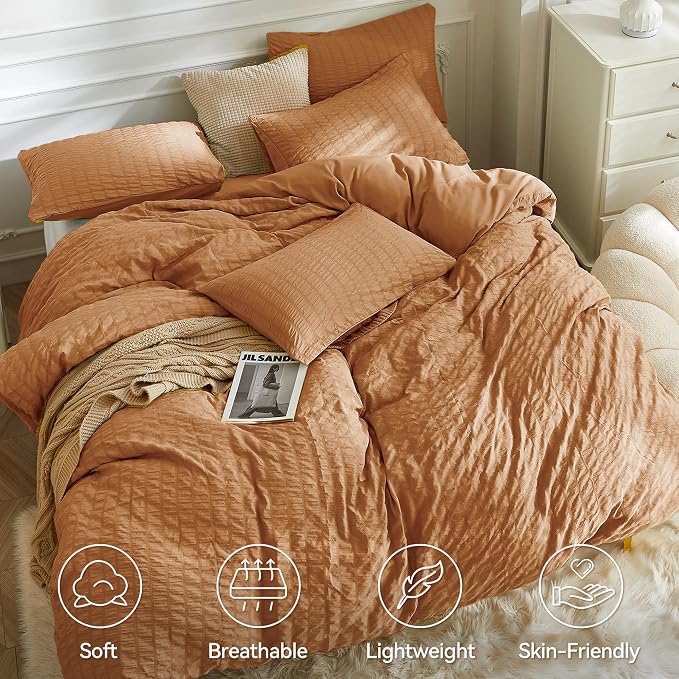 JELLYMONI Burnt Orange Duvet Cover Twin Size, Soft Breathable Seersucker Duvet - Image 2
