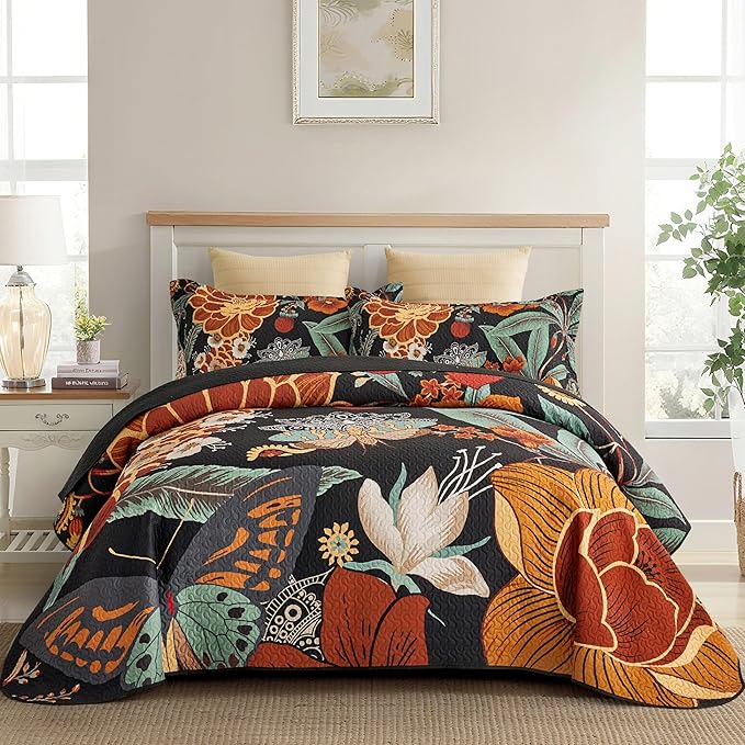 Tyrot 3 Piece Black Boho Floral Californial King Quilt Sets Reversible by TyrotHomeDecor