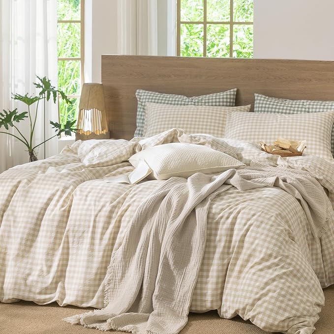 MooMee Gingham Duvet Cover Set 100% Washed Cotton Linen Like Textured - Image 8