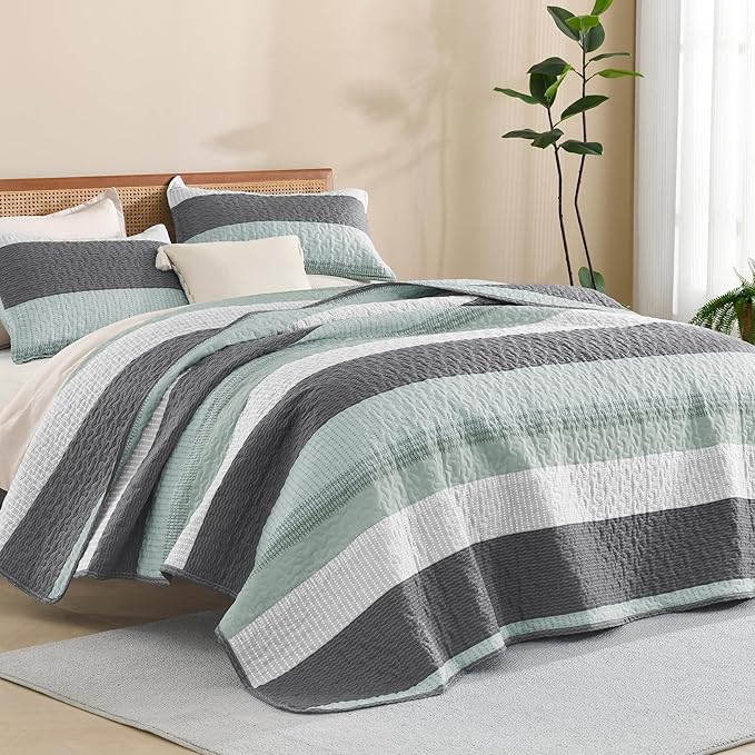 Litanika Oversized King Quilt Set Sage Green, 128x120 Stripe Bedspread Coverlet by Litanika