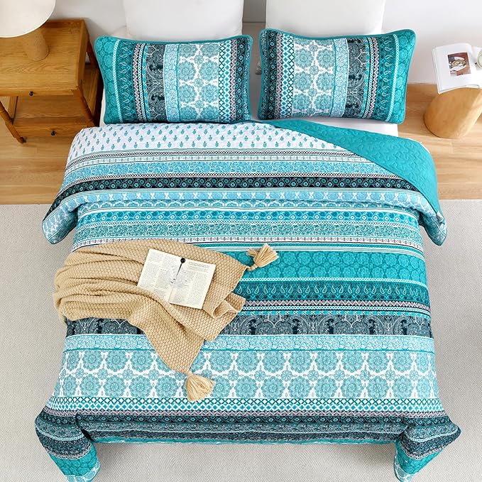 WONGS BEDDING Boho Quilt Set Queen Size, Teal 3 Pieces Bohemian Striped - Image 3