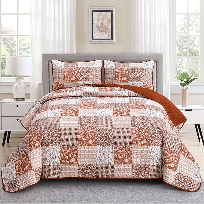 Mybedsoul Burnt Orange Quilt Set King Size, 3 Pieces Boho Plaid Terracotta by Mybedsoul