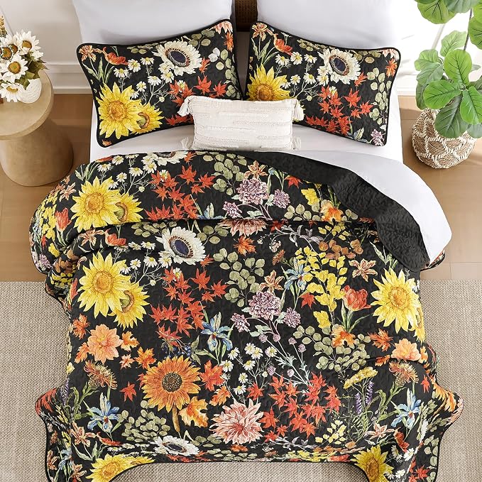 Yiran California King Quilt Set Black, Sunflower Floral Colorful Bedspreads - Image 4